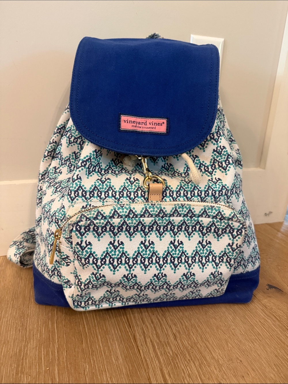 Vineyard Vines Navy Blue & Teal Patterned Canvas Backpack